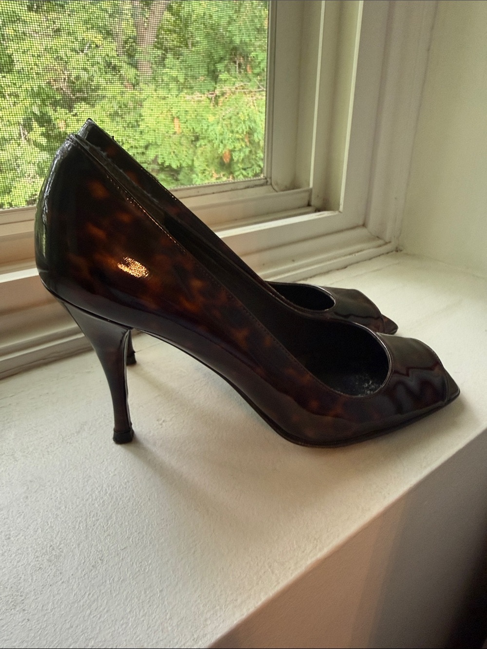 Stuart Weitzman Tortoiseshell Peep-Toe Stilettos